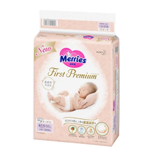 MERRIES First Premium sauskelnės, NB, 0-5 kg, 66vnt.